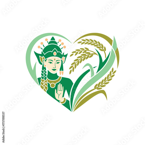 focused on main subject with ornate green deity illustration heart motif.