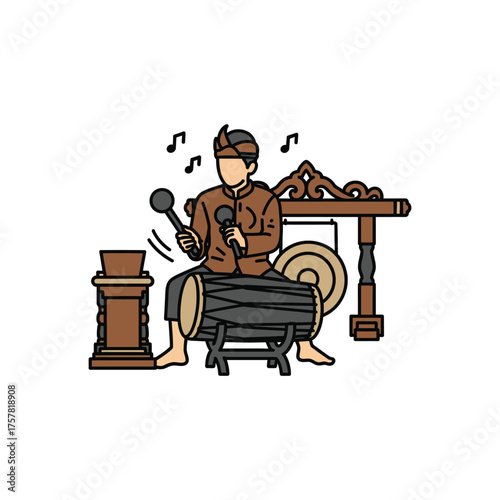 musician beating drum with classical instruments and stage setup.