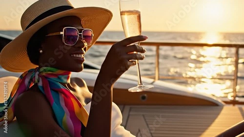 A Toast to Success: Cinematic Shot of a Chic Woman on a Superyacht Vacation
