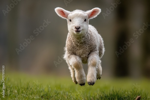 Lamb leaps across a verdant meadow, radiating springtime joy and youthful vitality in a captivating display of pastoral freedom.