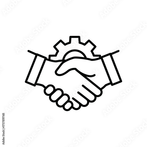 Hands shaking with gear symbolizing partnership and teamwork  