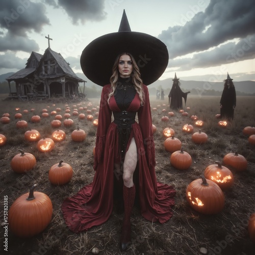 Magic scene with young beautiful witch on foreground