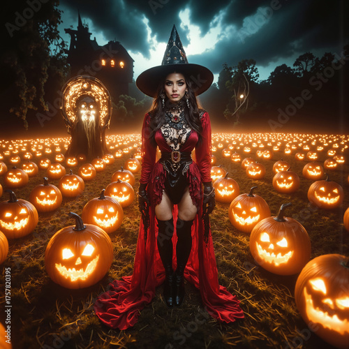 Magic scene with young beautiful witch on foreground