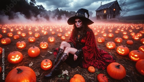 Magic scene with young beautiful witch on foreground