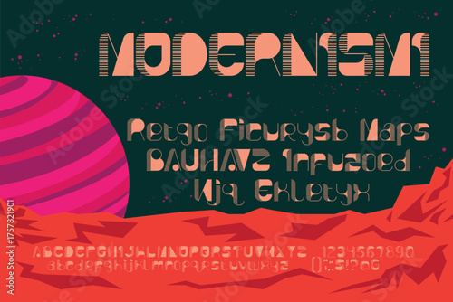 Vintage font inspired by retrofuturism. Blending bold letters with thin lines to depict past & future. Ideal for retro space illustrations, geometric designs, science fiction, boho or hippie artwork