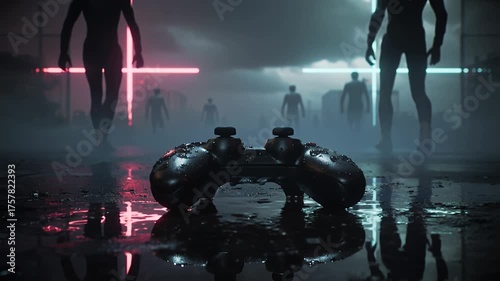 Gaming Controller in a Futuristic Neon Lit Environment with Figures.