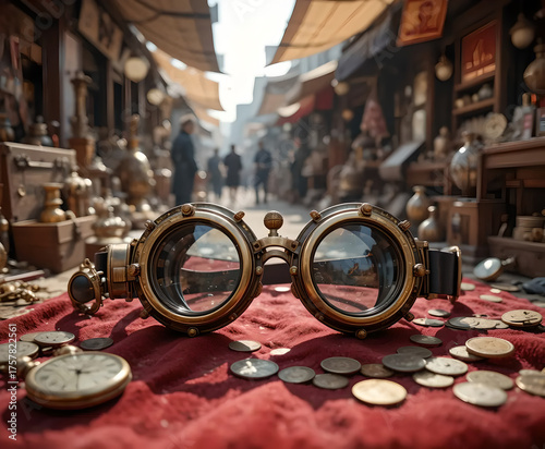 Steampunk Goggles on Red Fabric at a Bustling Outdoor Market