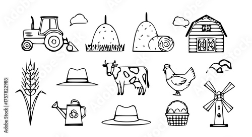 Farm and Agriculture Icon Set-tractor, barn, haystack, cow, chicken, wheat stalk, farmer hat, watering can, egg basket, and windmill.