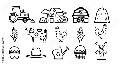 Farm and Agriculture Icon Set-tractor, barn, haystack, cow, chicken, wheat stalk, farmer hat, watering can, egg basket, and windmill.