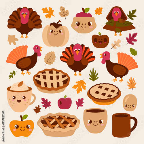 Thanksgiving bundle Cute thanksgiving food and turkey characters with autumn leaves