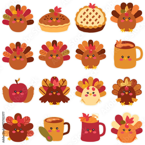 Thanksgiving bundle Cute thanksgiving characters and food collection with turkeys pies and hot drinks
