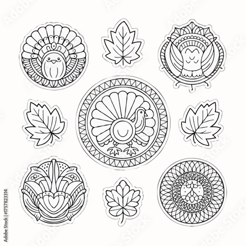 Thanksgiving bundle Collection of decorative ornamental circular and leaf motifs in black and white outline style