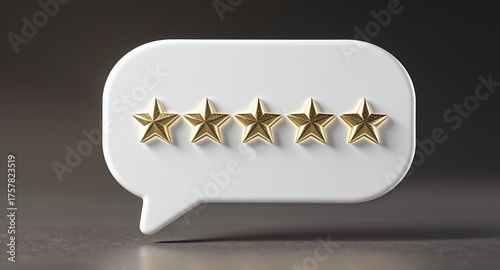 A row of five golden stars displayed on a white speech bubble against a dark backdrop, representing excellent feedback and satisfaction