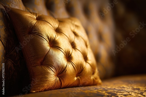 Elegant golden pillow with tufted detailing, adding a touch of luxury and comfort to a plush sofa. Close-up captures rich texture and style.