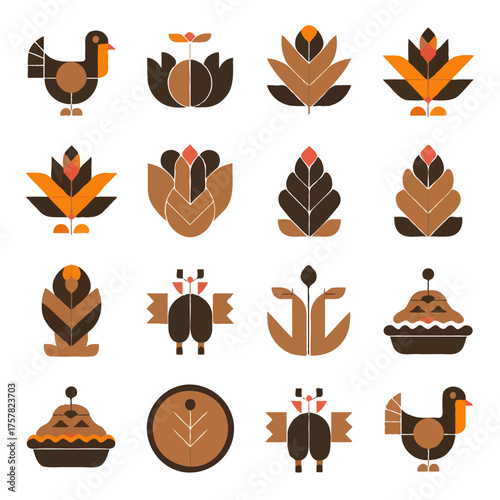 Thanksgiving bundle Collection of thanksgiving themed icons with turkeys pies and floral elements