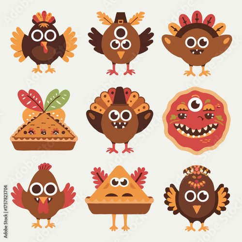 Thanksgiving bundle Collection of cute cartoon turkeys and thanksgiving pies