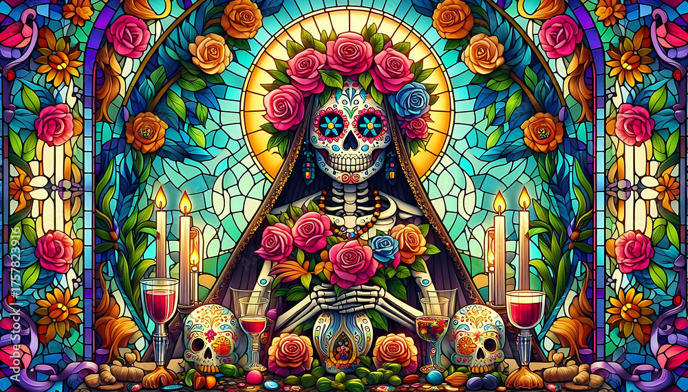 Obraz premium Día de Muertos Mural Mosaic Stainned Glass