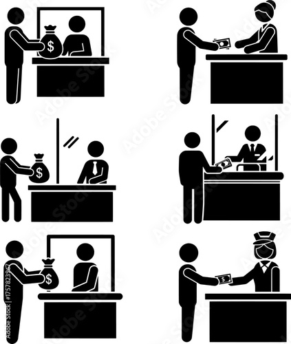 Bank Teller and Money Transaction Icons Set