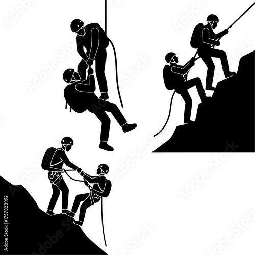 Mountain Climbing and Rope Rescue Icons Set