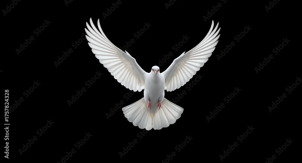 Obraz premium A white dove in flight against a black background, with wings spread wide