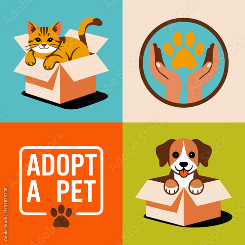 Colorful pet adoption graphics with a cat in a box, hands holding a paw, and a dog in a box showcasing the importance of adopting a pet for companionship and love.
