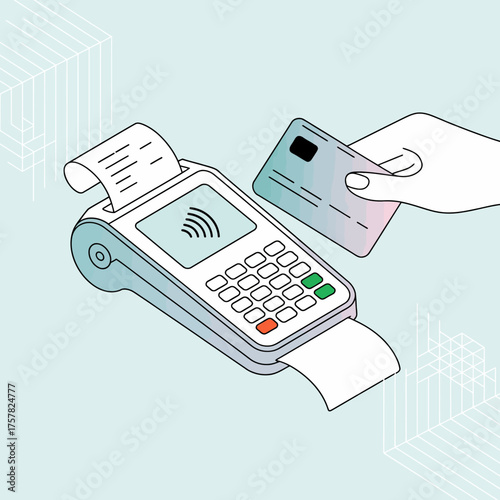 A modern payment terminal featuring a card reader, contactless payment functionality, and a printed receipt, depicting contemporary payment methods.