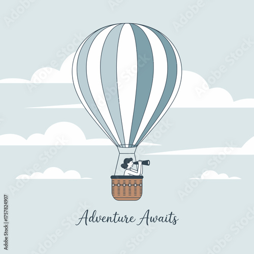 An illustration of a hot air balloon, symbolizing adventure and exploration, with a person looking forward while floating in the sky filled with soft clouds.