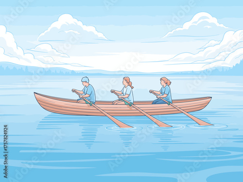 Three individuals row together in a boat on a tranquil lake, beautifully surrounded by a bright blue sky, emphasizing teamwork and serenity in nature during a peaceful moment.