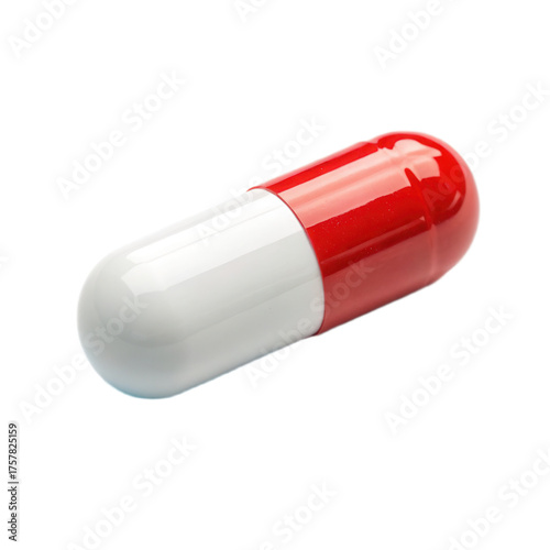 Red and white capsule rests on transparent background, showcasing its smooth surface and distinct color combination