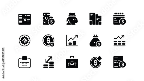 Budget icon set. Containing expense money management cash flow savings spending income. Budget icons vectors design. 