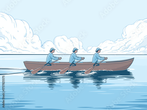 Three focused rowers propel their boat forward on the serene waterway, showing unity and concentration against a backdrop of soft clouds and reflective water.