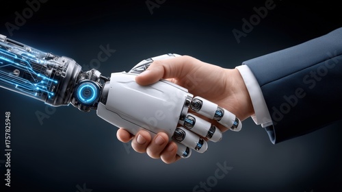 Corporate Meeting Between Human and Robo with Handshake Gesture