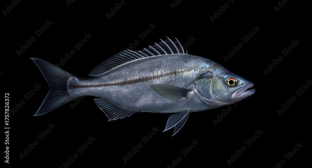 Fototapeta premium Detailed Studio Shot of a Single Silver Fish on Black Background, Aquatic Life, Seafood Ingredient, Marine Animal Isolated