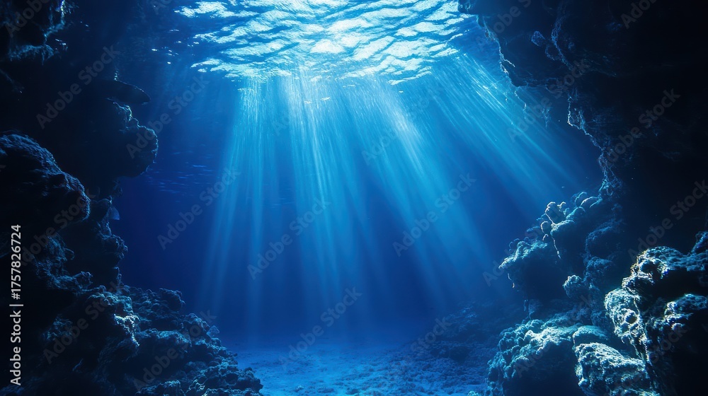 Fototapeta premium Deep blue ocean scene with shafts of sunlight filtering through the surface, illuminating the depths