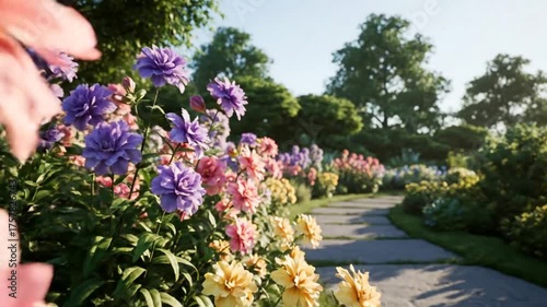 Wallpaper Mural Vibrant Summer Garden Path with Colorful Blooming Peonies in Warm Sunlight Scenic Landscape Background Torontodigital.ca