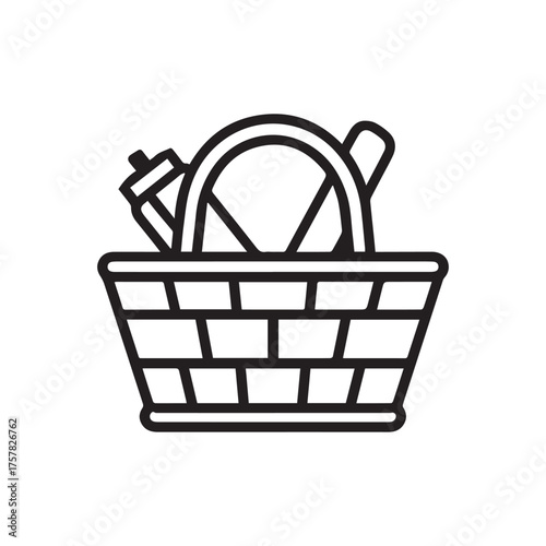 Black picnic basket outline filled with objects sits nicely against a white background