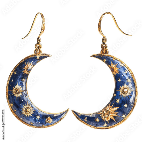 Crescent Moon Earrings, watercolor vector, isolated on a white background.