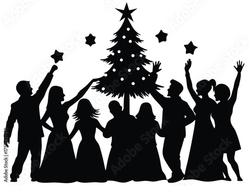 Vector art of silhouette of people celebrating christmas around a christmas tree