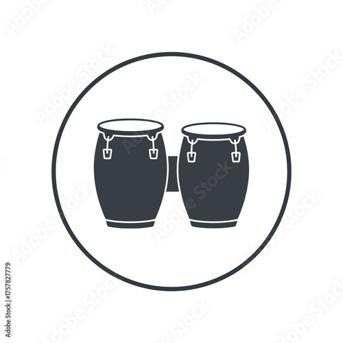 vector illustration depicts a modern, stylized drum kit icon, perfect for a music app or video player. The design features a classic drum set with blue and gray tones, centered within a circular 