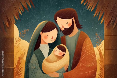 Illustration of Mary and Joseph with their Son Jesus stand together under stars surrounded by nature holding their baby in peaceful silence