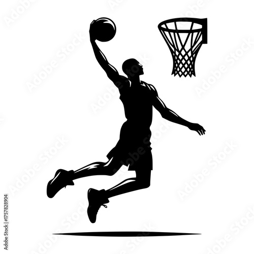 Silhouette Dunk: A dynamic silhouette of a basketball player executing a powerful dunk, poised mid-air, ball in hand, eyes on the hoop, embodying athleticism, skill, and intense focus
