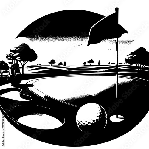 Golf Course Serenity: A beautifully illustrated golf scene, showcasing a serene landscape with a flag marking the hole, golf ball, and picturesque trees under the vast sky. 