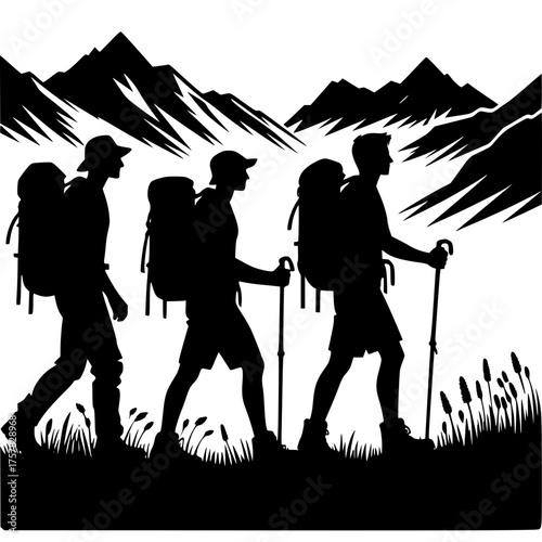 Trekking Silhouette: Three adventurers embark on a challenging hiking trail, navigating mountainous terrain under the vast expanse of the sky.