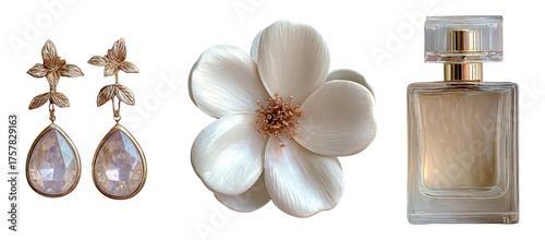 Elegant Accessories with Flower and Perfume on Transparent Background