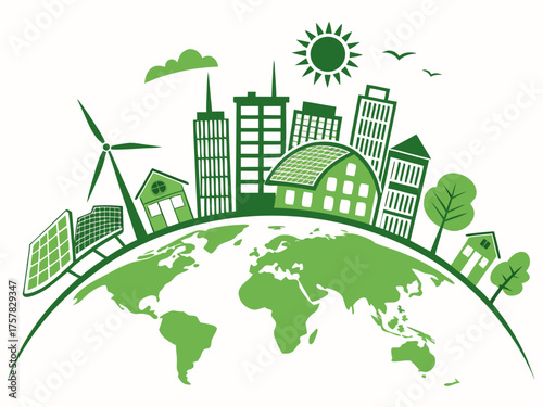 green ecology concept city, eco, illustration, icon, design, business, earth, factory, cityscape, environment, nature, tree, vector, building, green, ecology, house, landscape, energy, home, architect