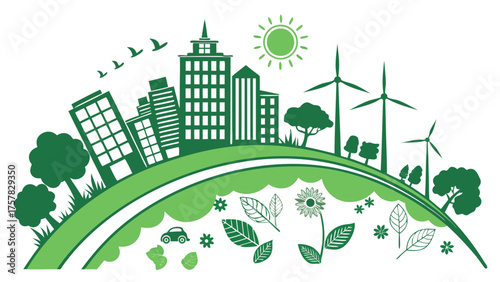 green city landscape city, landscape, ecology, architecture, energy, grass, buildings, skyline, home, sky, urban, illustration, eco, building, green, town, house, vector, tree, nature, environment, de
