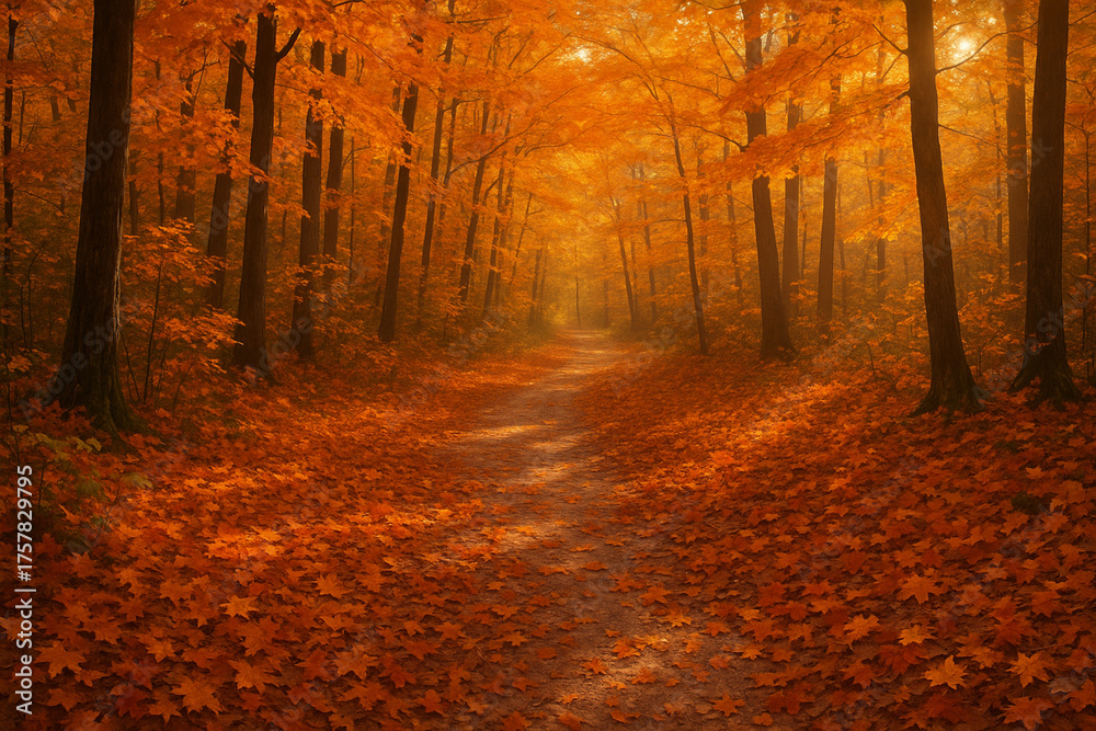 Obraz premium A cozy autumn path surrounded by orange and yellow foliage. The scene captures the warmth and nostalgia of fall in a peaceful woodland setting.