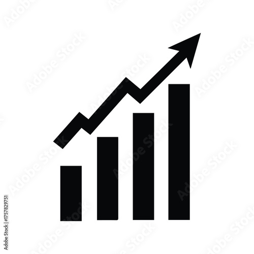 Solid black bar chart trending upward displays increased value against a white background