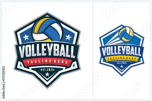 Volleyball logo badge design vector, volleyball team emblem logo design vector illustration template, volleyball tournament logo concepts with ball and stars