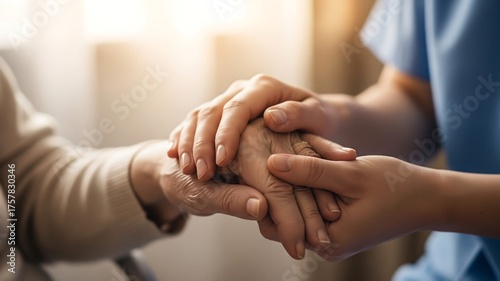 Gentle Comforting Touch: A nurse gently holds the hand of an elderly patient, offering support, reassurance, and a sense of connection during a moment of vulnerability.